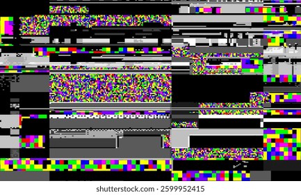 Retro VHS background like in old video tape rewind or no signal TV screen with glitch camera effect.