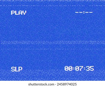 Retro VHS blue screen and video player interface with pixelated noise effect editable vector background