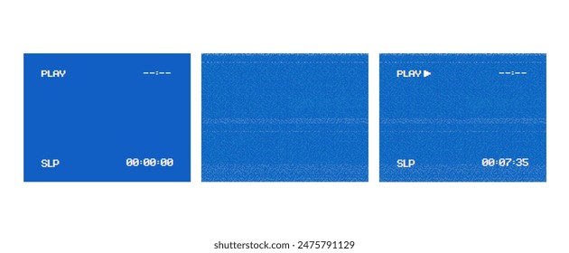 Retro VHS blue screen and video player interface with pixelated noise effect editable vector background	
