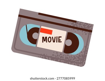 Retro VHS cassette tape with nostalgic vintage style. Flat illustration perfect for cinema, movie, and analog media themes.