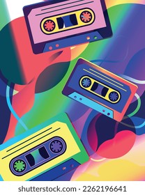 Retro vibe colorful abstract gradient poster with audio cassette. Poster 90s cool vibe 