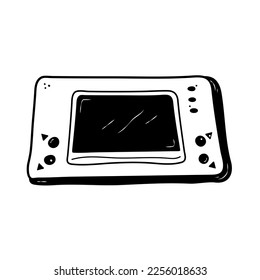 Retro vibe. Retro doodle video game console. Groovy power. Kids gamer portable console element. Arcade play concept. Vector illustration.