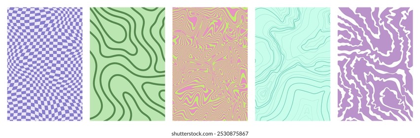 Retro vibe posters template, trippy psychedelic background with lines, topographic and checkered background. Groovy and funky posters, brochure, covers. Vector graphic geometric pattern. Vector set
