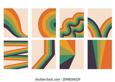 Retro vibe rainbow waves 70s set of poster, template for your design. Hippie groovy psychedelic card. Vector illustration