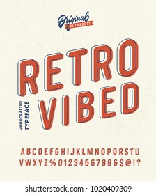'Retro Vibed' Vintage 3D Sans Serif Condensed Alphabet with Halftone Texture. Retro Typography. Vector Illustration.