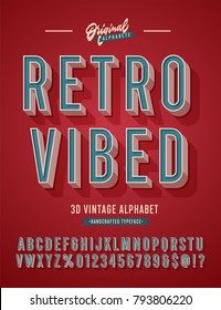 Alfabeto 3D Vintage "Retro Vibed" Sans Serif Condensed con colores ricos. Tipografía retro. Ilustración vectorial.