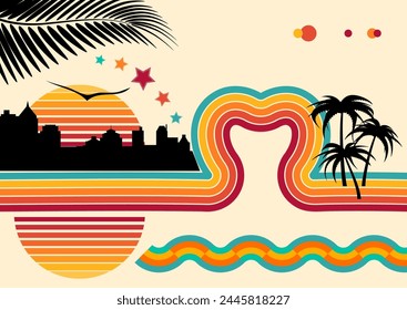 retro vibes: retro futurism and 70s style poster designs with city, palm trees, heart, stars. tropical waves and abstract vintage background

