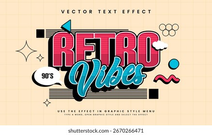 Retro Vibes Style Editable Vector Text Effect. Cartoon Pop Groovy Style. 