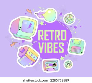 Retro Vibes text with retro objects for poster, flyer, advertising. 90s vibes. Space for text. Vector illustration.
