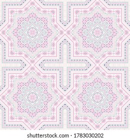 Retro victorian majolica tile seamless pattern. Geometric texture vector elements. Wrap print design. Stylish spanish mayolica tilework iterative pattern. Geometric shapes wallpaper.