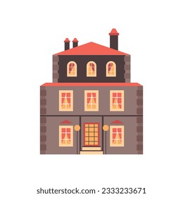 Retro victorian style historic mansion building facade flat vector illustration isolated on white background. Victorian epoch building or residence of wealthy people.