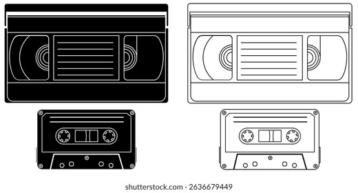 Retro Video and Audio Tape Cassettes, Audio Visual graphic element isolated on a transparent background