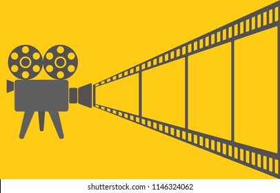 Retro video camera and film tape on yellow cimena background, stock vector illustration