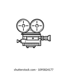 Retro video camera hand drawn outline doodle icon. Vintage movie, film and cinema camera with reels vector sketch illustration for print, web, mobile and infographics isolated on white background.