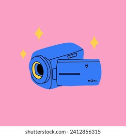 Retro video camera. y2k style, 90s 2000s electronic device, Nostalgia for 1990s. Digital multimedia record. Minimal design print and poster. Kawai sticker. Cartoon flat isolated vector illustration