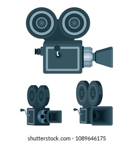 Retro video cameras illustrations set.
Vintage movie cameras in different views.
Old cameras flat style icons isolated on white background.