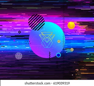 Retro video cassette glitch effect. Modern chaos illustration with data concept elements. Poster for party invitation.