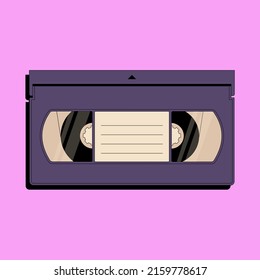 Retro video cassette icon in flat style isolated on pink background.  VHS videotape with empty label sticker.  Vintage object from 90s
