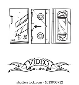 Retro video cassette. Outline vector illustration isolated on white background.