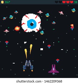 Retro video game,  arcade space warships, Old computer games.