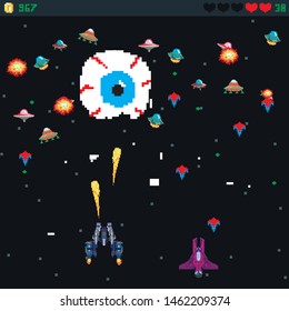 Retro video game,  arcade space warships, Old computer games.