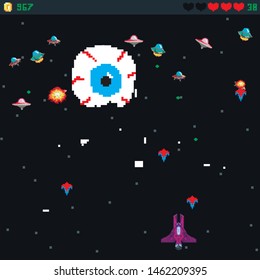 Retro video game,  arcade space warships, Old computer games.