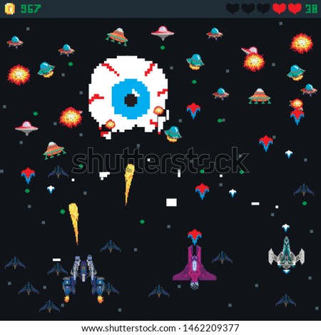 Retro video game,  arcade space warships, Old computer games.