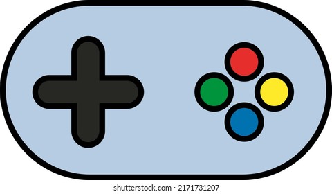 Retro video game console controller with different colored buttons.