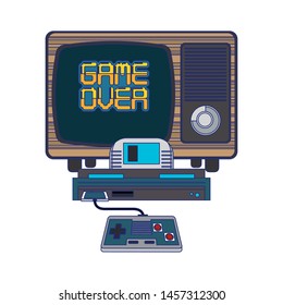 Retro video game console with gamepad connected to television. vector illustration.