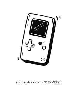Retro video game console hand drawn doodle. Kid boy gamer portable console element. Computer retro, arcade play concept. Vector illustration.