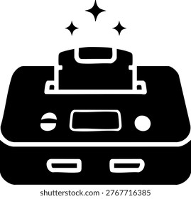 Retro video game console, iconic gaming device with a cartridge, showcasing 80s and 90s era, with sparkling effect.