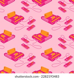Retro video game console. Old school gaming. Game pad. Joystick. Vintage hipster technology. Two joys and buttons. Y2k Fashion pink seamless pattern in 80's, 90's style.