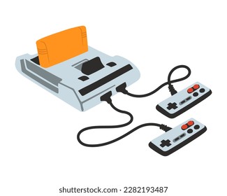 Retro video game console. Old school gaming. Game pad. Joystick. Vintage hipster technology. Classic. Two joys and buttons. Isometric vector illustration. 80's, 90's.