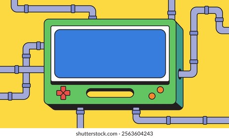 Retro video game console surrounded by colorful pipes in a playful cartoon hand drawn vintage retro style