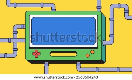 Retro video game console surrounded by colorful pipes in a playful cartoon hand drawn vintage retro style