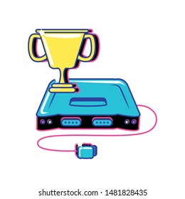 retro video game console with trophy cup
