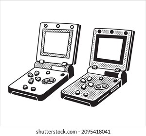 retro video game console vector illustration set. collection of different nostalgic old systems and handhelds. rom emulation, old game cartridges, isolated hand drawn graphics