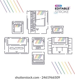 Retro video game console vector illustration icon set, featuring a nostalgic collection of classic systems and handhelds cartridges.