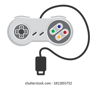 Retro video game controller or classical joystick with usb cable flat color icon for apps or website