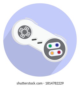 Retro video game controller or classical joystick flat icon isolated on round background