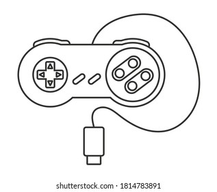 Retro video game controller or classical joystick with usb cable line art icon for apps or website