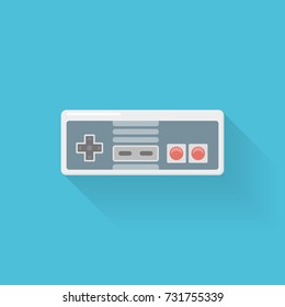 Retro video game controller flat style icon on blue background. Joystick or gamepad vector illustration.
