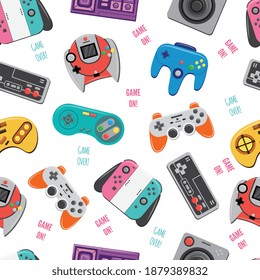 Retro video game controller and joystick seamless pattern on white background. Modern and vintage gaming tools and gamepads, flat vector illustration.