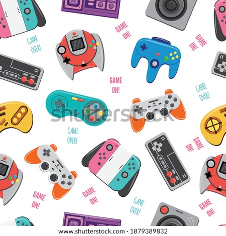 Retro video game controller and joystick seamless pattern on white background. Modern and vintage gaming tools and gamepads, flat vector illustration.