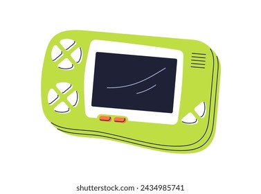 Retro video game controller. Old 90s and 00s videogame console, playing gadget, gamers device. Nineties gamepad accessory with screen. Flat graphic vector illustration isolated on white background