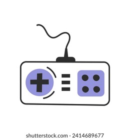 Retro video game controller. Vintage electronic joystick with wire and buttons in doodle style. Vector illustration on white background. Hand drawn outline icon. Rectangle shape.