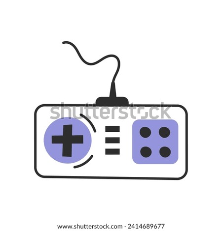 Retro video game controller. Vintage electronic joystick with wire and buttons in doodle style. Vector illustration on white background. Hand drawn outline icon. Rectangle shape.