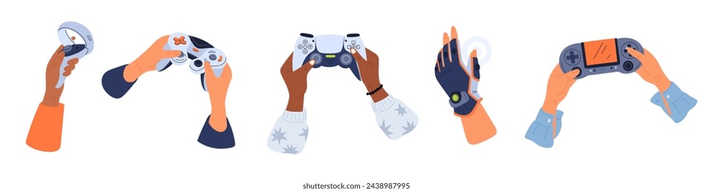 Retro video game controllers in hands. People holding joysticks. E-sports attributes. Electronic playing process. Gamers arms with control gamepad. Videogame glove