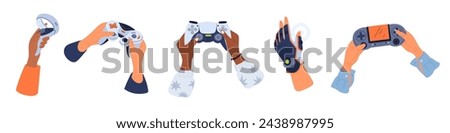 Retro video game controllers in hands. People holding joysticks. E-sports attributes. Electronic playing process. Gamers arms with control gamepad. Videogame glove