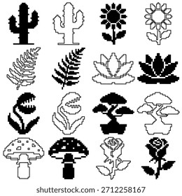 Video Juego Retro Flora Elementos. Plantas de jardín pixeladas de 8 bits, flores y árboles aislados sobre fondo blanco.